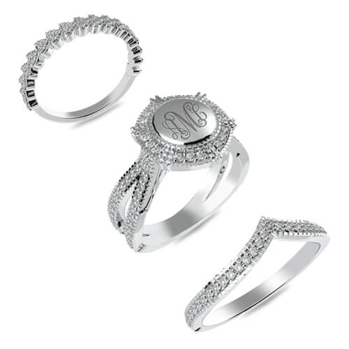 Anillo monograma apilable grabado personalizado de plata esterlina S925