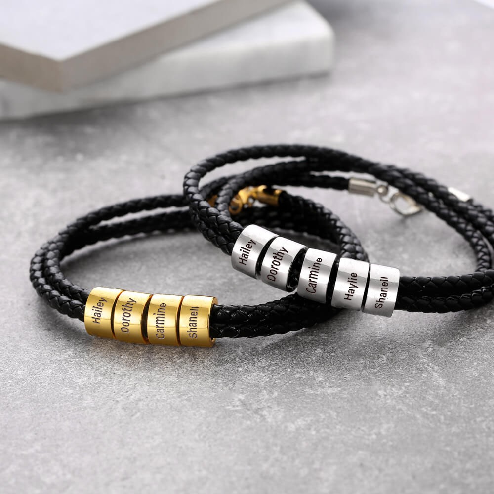 Pulsera de Cuero Trenzado con Pequeñas Cuentas Personalizadas