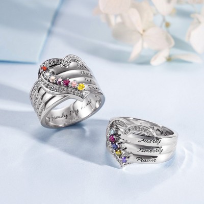 Regalo de anillo familiar de anillo de piedra natal de corazón personalizado de San Valentín para ella