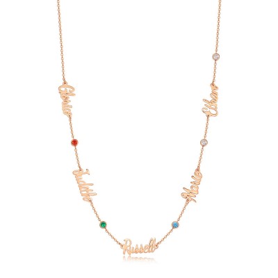 Collar con nombre personalizado chapado en oro rosa de 18 quilates con 1-6 nombres y piedras de nacimiento