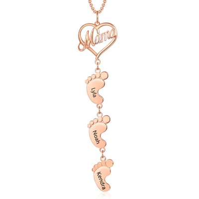 Collar de mamá personalizado chapado en oro rosa de 18 quilates con pies de bebé 1-10 colgantes