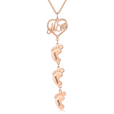 Collar de mamá personalizado chapado en oro rosa de 18 quilates con pies de bebé 1-10 colgantes