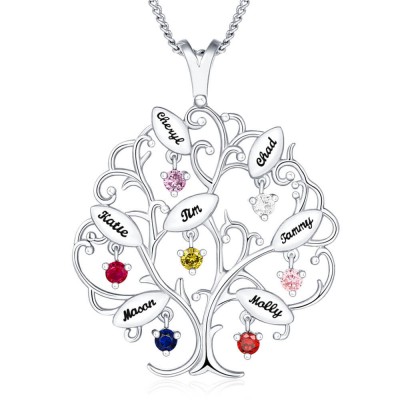 Collar de árbol genealógico personalizado con piedras natales con 1-7 nombres