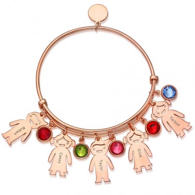 Brazalete tipo brazalete personalizado en oro rosa de 18 quilates con encantos para niños con piedras natales de 1 a 10