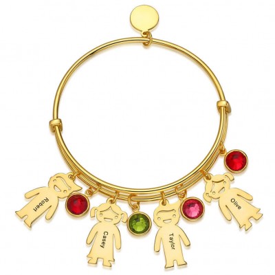 Brazalete Personalizado Chapado En Oro De 18 Quilates Con 1-10 Piedras Natales Encantos Para Niños