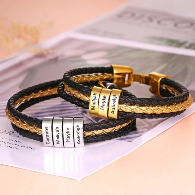 Pulsera de cuero trenzado en capas con pequeñas cuentas personalizadas de plata y oro 1-10 cuentas