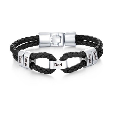 Pulsera familiar de cuero genuino trenzado con pequeñas cuentas personalizadas en plata de 1 a 12 cuentas