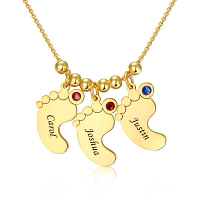 Chapado en oro de 18 quilates personalizado 1-10 collar de dijes grabables con forma de pies de bebé colgante collar de piedras de nacimiento para mamá