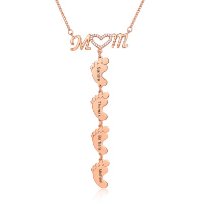 Collar de mamá con incrustaciones personalizadas chapado en oro rosa de 18 quilates con colgante de pies de bebé 1-10 colgantes
