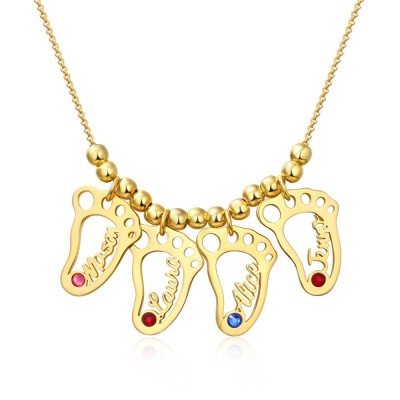 Chapado en oro de 18 quilates personalizado 1-10 colgantes con forma de pies de bebé collar con nombre con piedras de nacimiento collar de la madre