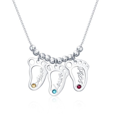 Collar con nombre de colgantes en forma de pies de bebé personalizados de plata de 1 a 10 con piedras de nacimiento Collar de madre
