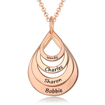Collar familiar en forma de gota grabado personalizado chapado en oro rosa de 18 quilates Collar con nombre grabado 1-6