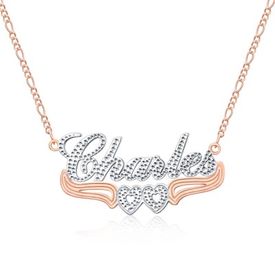 Collar con nombre bicolor personalizado chapado en oro rosa de 18 quilates con decoración de corazón debajo