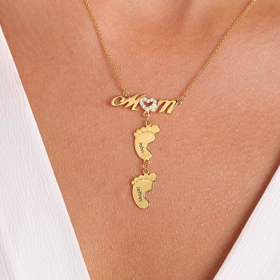 Collar de mamá chapado en oro personalizado con pies de bebé 1-10 colgantes