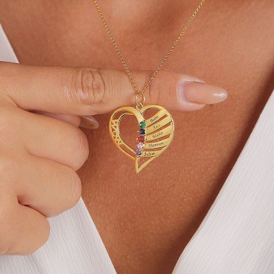 Collar personalizado con nombre de corazón con diseños de piedras natales de 1 a 6