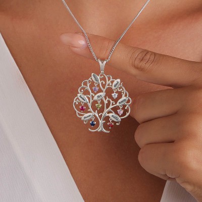 Collar de árbol genealógico personalizado con piedras natales con 1-7 nombres