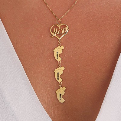 Collar de mamá personalizado chapado en oro de 18 quilates con pies de bebé 1-10 colgantes