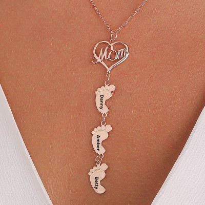 Collar de mamá personalizado chapado en oro rosa de 18 quilates con pies de bebé 1-10 colgantes
