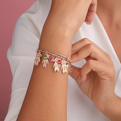 Brazalete tipo brazalete personalizado en oro rosa de 18 quilates con encantos para niños con piedras natales de 1 a 10