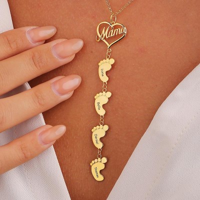 Collar de mamá personalizado chapado en oro de 18 quilates con pies de bebé 1-10 colgantes