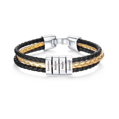Pulsera de cuero trenzado en capas con pequeñas cuentas personalizadas de plata y oro 1-10 cuentas