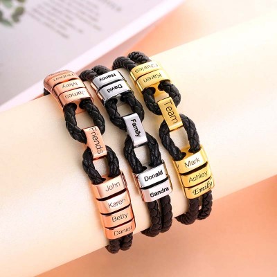 Pulsera familiar de cuero genuino trenzado con pequeñas cuentas personalizadas en plata de 1 a 12 cuentas
