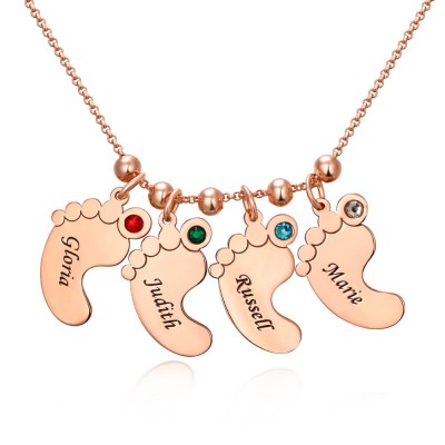 Chapado en oro rosa de 18 quilates personalizado 1-10 collar de dijes grabables con forma de pies de bebé colgante collar de piedras de nacimiento para mamá