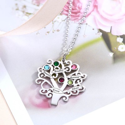 Collar de árbol genealógico de piedras natales personalizado con 1-6 nombres Personaliza joyería familiar