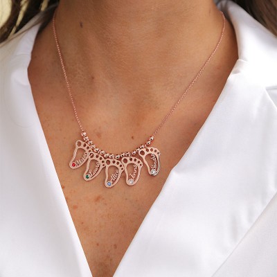 Chapado en oro rosa de 18 quilates personalizado 1-10 pies de bebé colgantes con forma de nombre collar con piedras de nacimiento collar de la madre