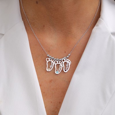 Collar con nombre de colgantes en forma de pies de bebé personalizados de plata de 1 a 10 con piedras de nacimiento Collar de madre