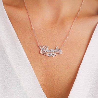 Collar con nombre bicolor personalizado chapado en oro rosa de 18 quilates con decoración de corazón debajo